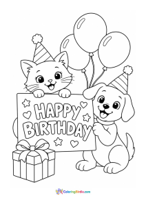 A coloring page featuring a cute cat and puppy holding a Happy Birthday sign