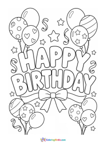 A coloring page featuring Happy Birthday lettering surrounded by balloons