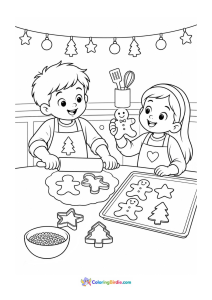 Christmas coloring page of two children baking cookies together