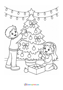 Christmas coloring page of children hanging ornaments on a Christmas tree