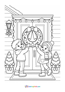Christmas coloring page of children putting up decorations around their house