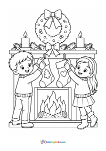 Christmas coloring page of children hanging stockings for Santa