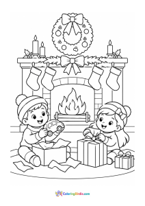 Christmas coloring page of excited children opening presents