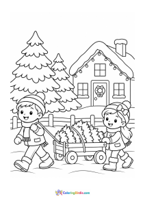 Christmas coloring page of children transporting a Christmas tree on a sled