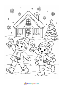 Christmas coloring page of children ringing bells together