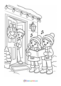 Christmas coloring page of children singing carols together