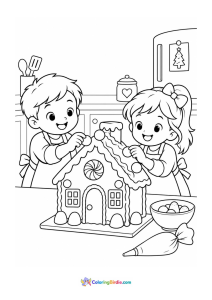 Christmas coloring page of two children decorating a gingerbread house with candy