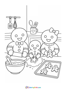 Christmas coloring page of a gingerbread family preparing cookies in the kitchen