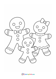 Christmas coloring page of a smiling gingerbread family together