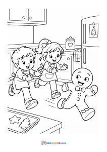Christmas coloring page of two children chasing a running gingerbread man through the kitchen