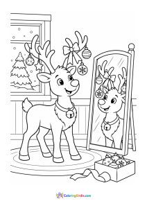 Christmas coloring page of a reindeer admiring his decorated antlers in a mirror