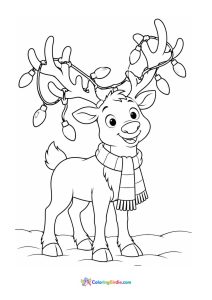 Christmas coloring page of a reindeer tangled in a string of festive lights