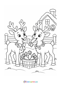 Christmas coloring page of two reindeer sharing a treat together