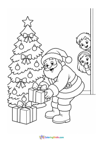 Christmas coloring page of two children peeking at Santa as he leaves gifts under the tree