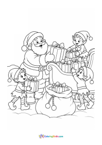 Christmas coloring page of Santa's elves loading wrapped presents onto his sleigh