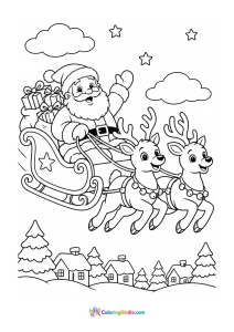 Christmas coloring page of Santa Claus riding his sleigh pulled by flying reindeer