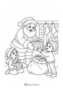 Christmas coloring page of Santa Claus handing wrapped gifts to children
