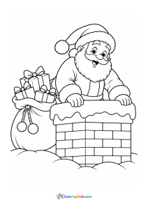 Christmas coloring page of Santa Claus entering a house through the chimney