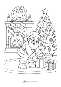 Christmas coloring page of Santa Claus arranging wrapped presents beneath a Christmas tree