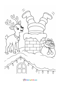 Christmas coloring page of Santa Claus getting stuck while climbing through a chimney