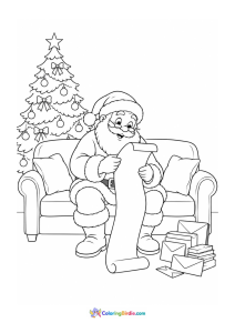 Christmas coloring page of Santa Claus looking through his Christmas list and letters