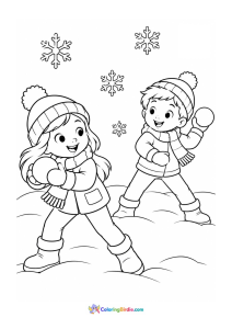 Christmas coloring page of children playing together and throwing snowballs