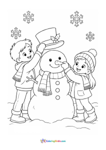 Christmas coloring page of children making a snowman outdoors