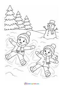 Christmas coloring page of children lying in the snow and making snow angels
