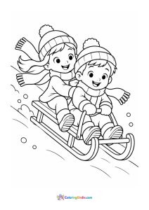 Christmas coloring page of children enjoying a sled ride together