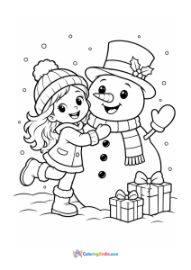 Christmas coloring page of a young girl standing next to a snowman
