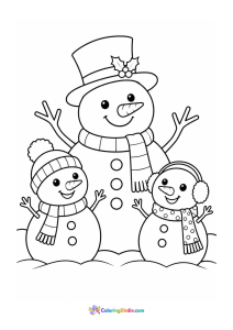 Christmas coloring page of a snowman family standing together