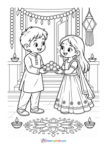 Diwali coloring page featuring children exchanging sweets