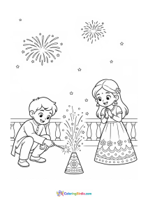 Diwali coloring page featuring children lighting an anar firework