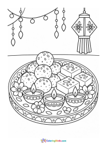 Diwali coloring page featuring a platter of traditional Indian sweets