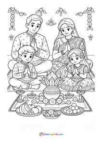 Diwali coloring page featuring an Indian family offering prayers