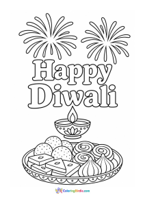 Happy Diwali coloring page with festive lettering, fireworks, diya, and sweets