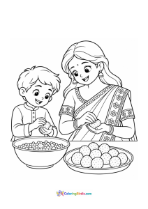 Diwali coloring page featuring mother and son making laddoos
