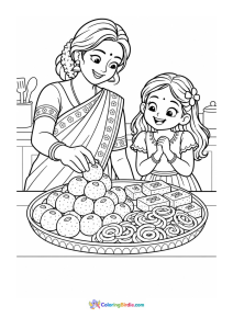 Diwali coloring page featuring a mother arranging traditional sweets