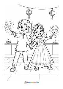 Diwali coloring page featuring siblings enjoying sparklers