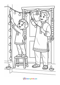 Diwali coloring page featuring a father and son decorating their house with lights