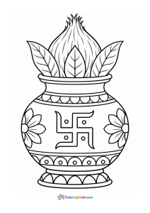 Diwali coloring page featuring a puja kalash with coconut, mango leaves, and swastik