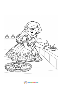 Diwali coloring page featuring a girl arranging diyas along a wall