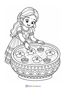 Diwali coloring page featuring a girl decorating a water urli with flowers and diyas