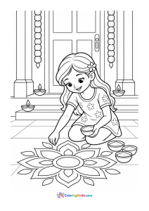 Diwali coloring page featuring a girl making a beautiful rangoli