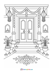 Diwali coloring page featuring a decorated Indian house with diyas and rangoli