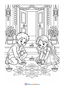 Diwali coloring page featuring two children arranging diyas outside their house