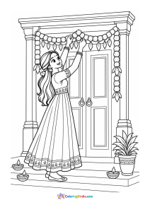 Diwali coloring page featuring a woman decorating her doorway with a floral toran
