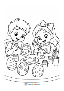 Children decorating easter eggs coloring page