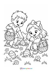 Children on easter egg hunt coloring page
