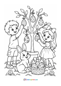 Decorating an easter tree coloring page